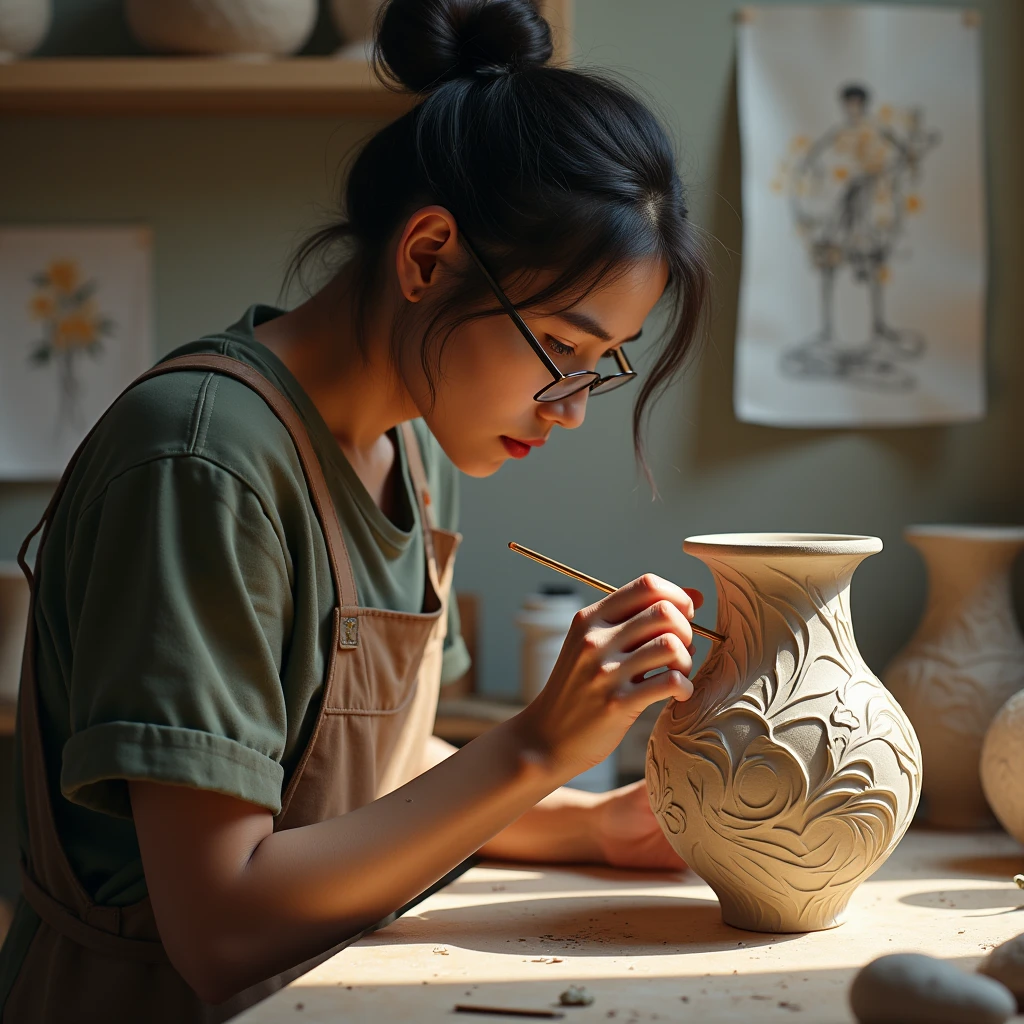 Artisan applying finishing touches to sculptural vase