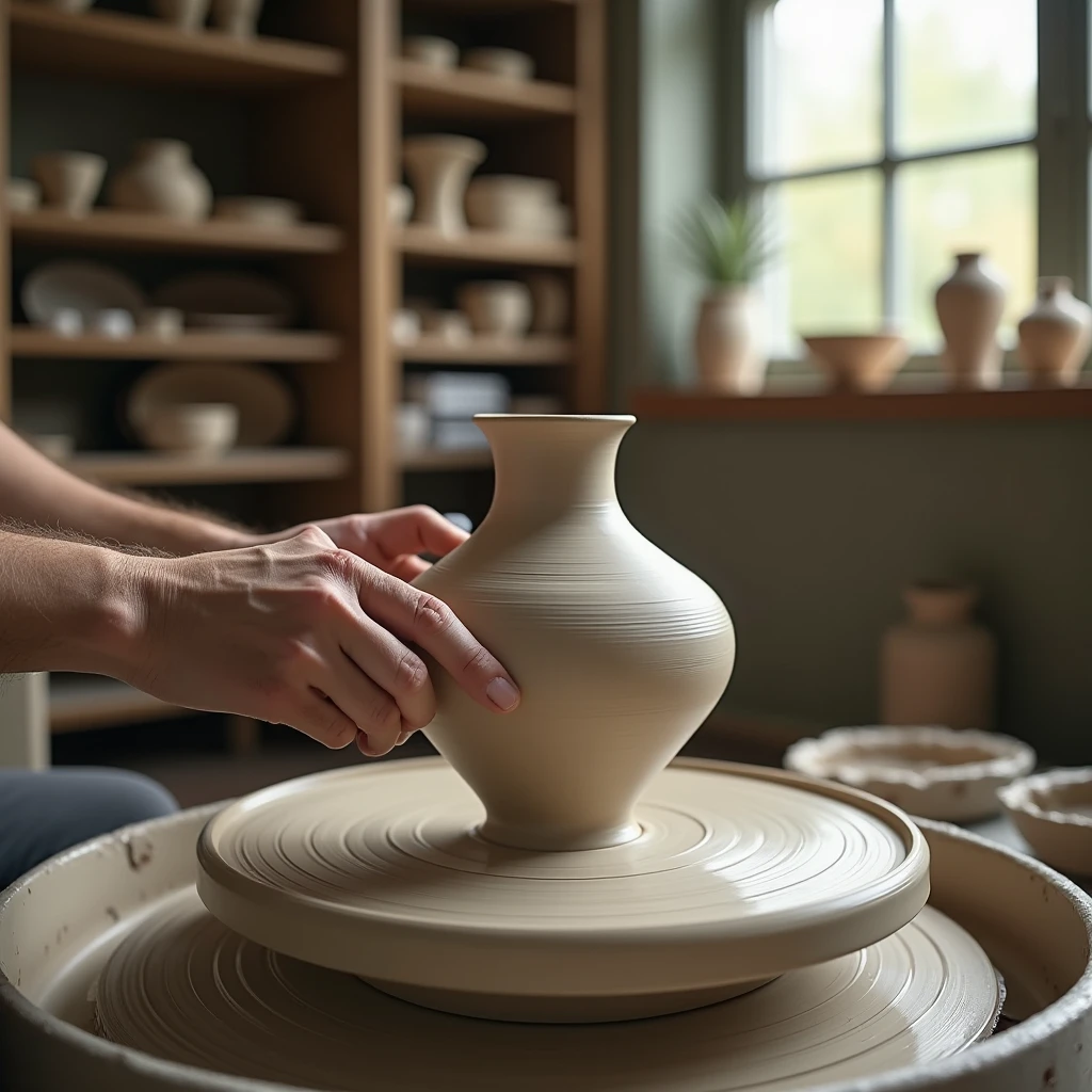 Artisan hands shaping minimalist vase on pottery wheel